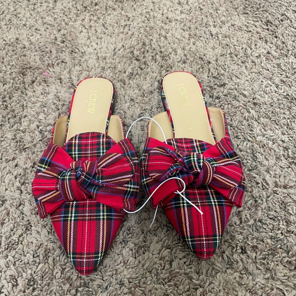 J.Crew Womens Red Tartan Plaid Bow Pointed Toe Mule Flats Size 7 Stewart Plaid